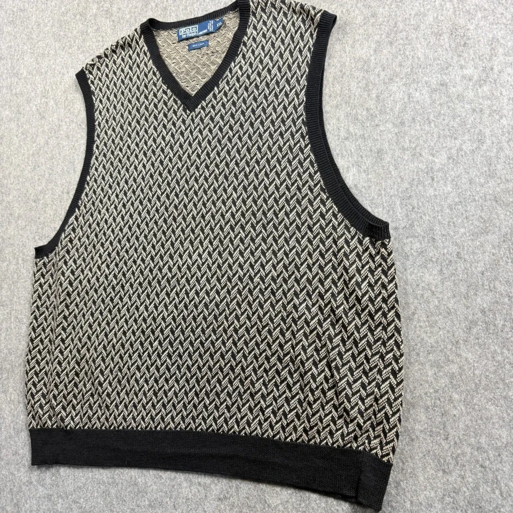 Polo Ralph Lauren Mens XXL Black Tan Linen Chevron V-Neck Sweater Vest